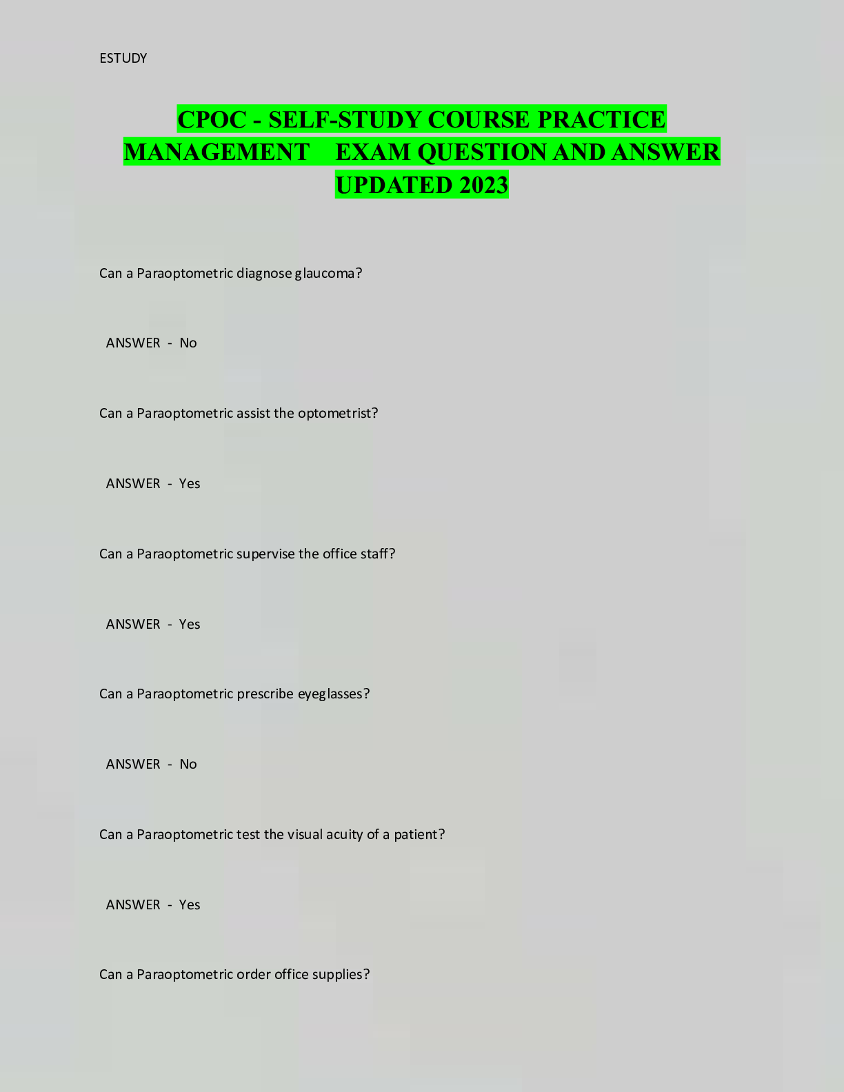 Preview image for CPOC - Self-Study Course Practice Management Questions And Answers